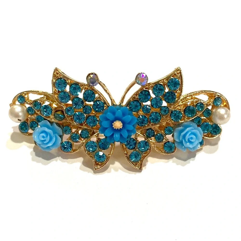 Hair Clip Barrette Butterfly Gold Tone Blue Rhinestones Flowers - Picture 1 of 4